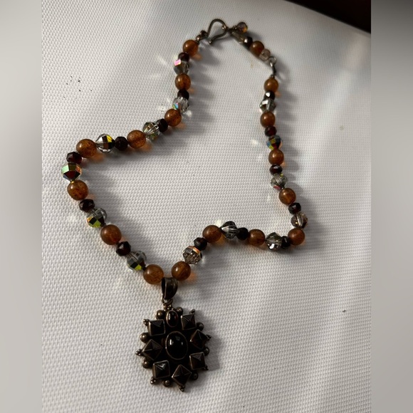 925 amber quartz heavy 30g multi stone sun charm necklace boho crystals - Picture 2 of 8